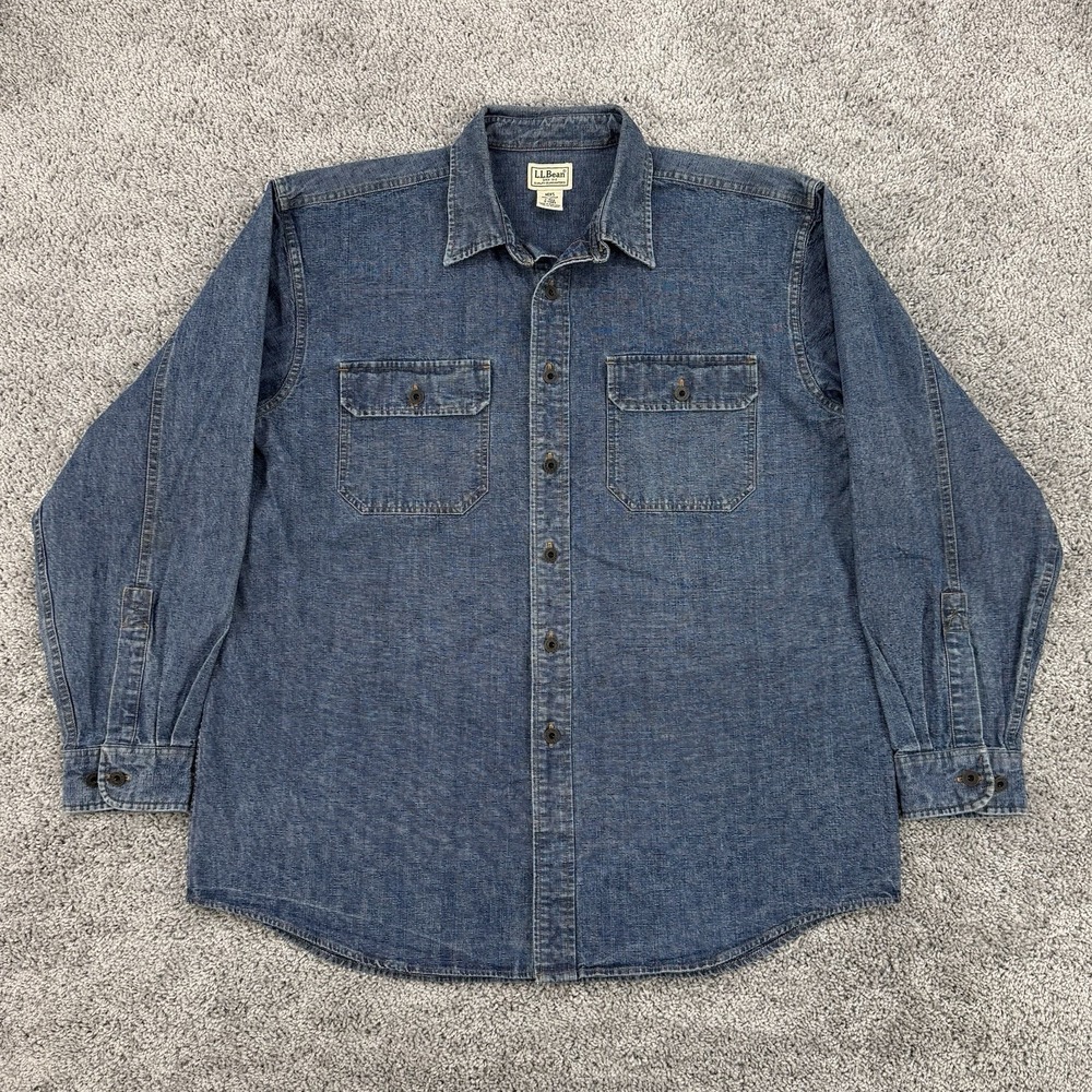 Vintage 90s LL Bean Denim Work Shirt Men's L-REG Heavyweight Shacket Long Sleeve